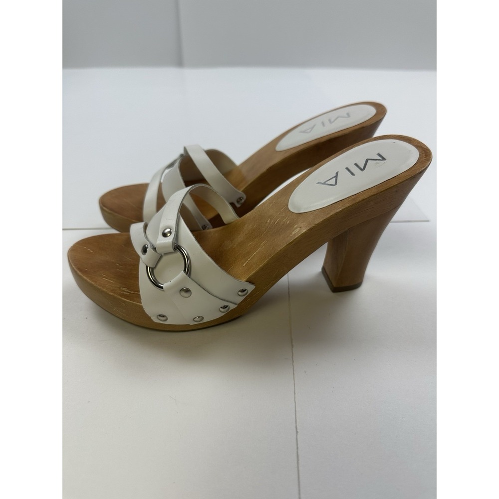 MIA Y2K Wooden Heel Mules Womens 6 White Leather 90's Strappy Vintage